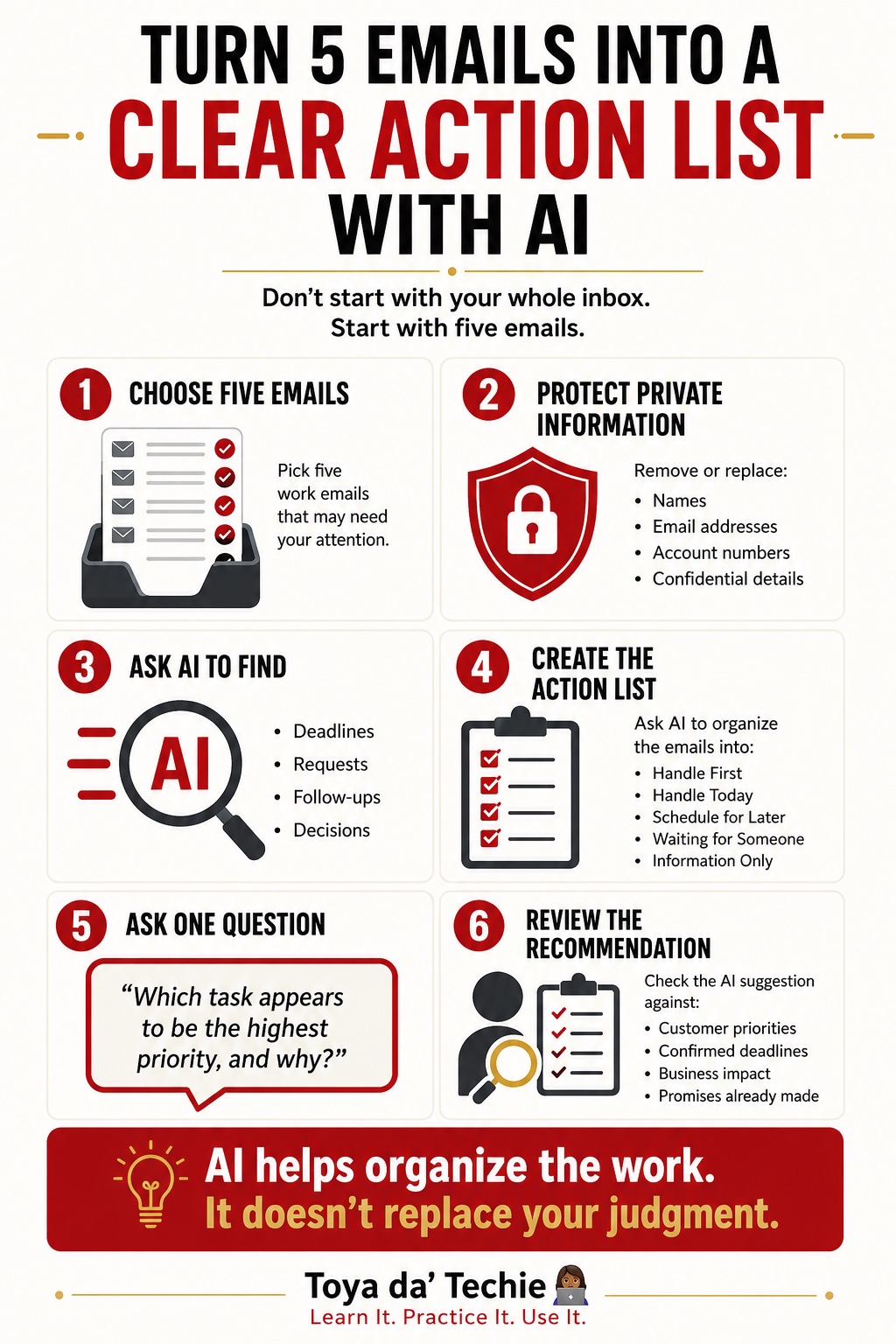 Six-step Toya da’ Techie guide for turning five emails into a clear action list with AI while protecting private information and reviewing the recommendation.